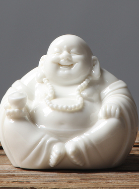 开心佛茶具禅意配件茶桌摆设大师摆件白瓷陶瓷弥勒佛茶宠笑佛小