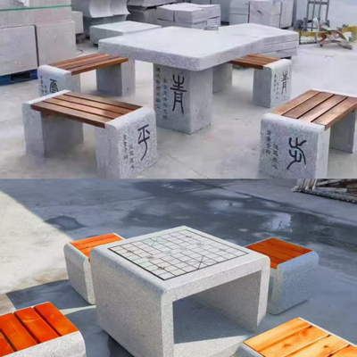 大理石花岗岩公园庭院石桌石凳一套户外花园圆形棋盘格石头桌子