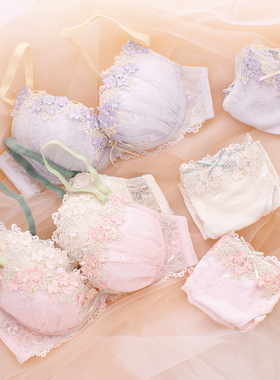 R家日系少女性感薄款文胸套装聚拢甜美学生内衣女大罩杯E内衣内裤