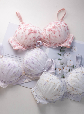 日系少女甜美刺绣花朵有钢圈低鸡心圆盘胸可爱内衣女文胸女