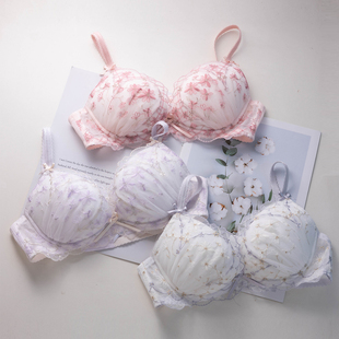 日系少女甜美刺绣花朵有钢圈低鸡心圆盘胸可爱内衣女文胸女
