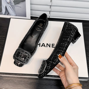 2026春秋新款RV方扣浅口真皮单鞋女粗跟鞋方头黑色一脚蹬高跟鞋子