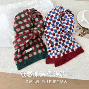 2025款格子围巾女新款冬季暖呼呼韩系氛围感针织百搭保暖披肩长款
