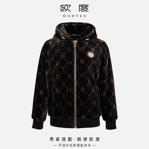 OUHTEU/欧度男士男装外套黑色连帽聚酯纤维面料潮流合体版型冬季
