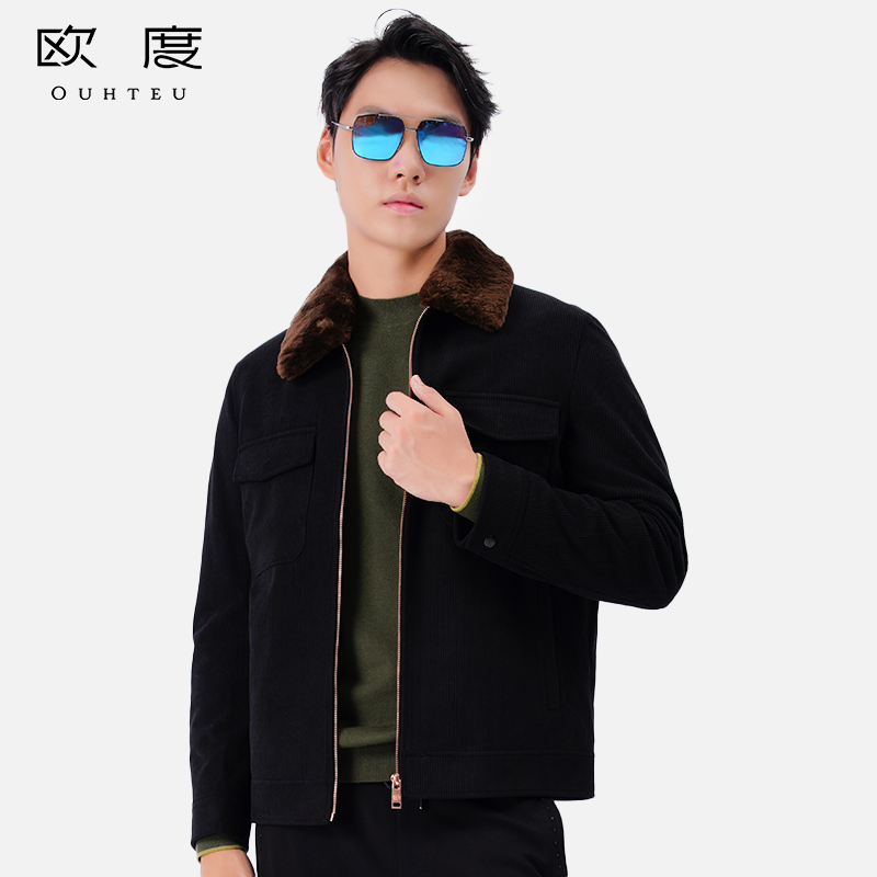 OUHTEU/欧度男士羽绒服翻领黑色白鹅绒聚酯纤维面料休闲合体版冬