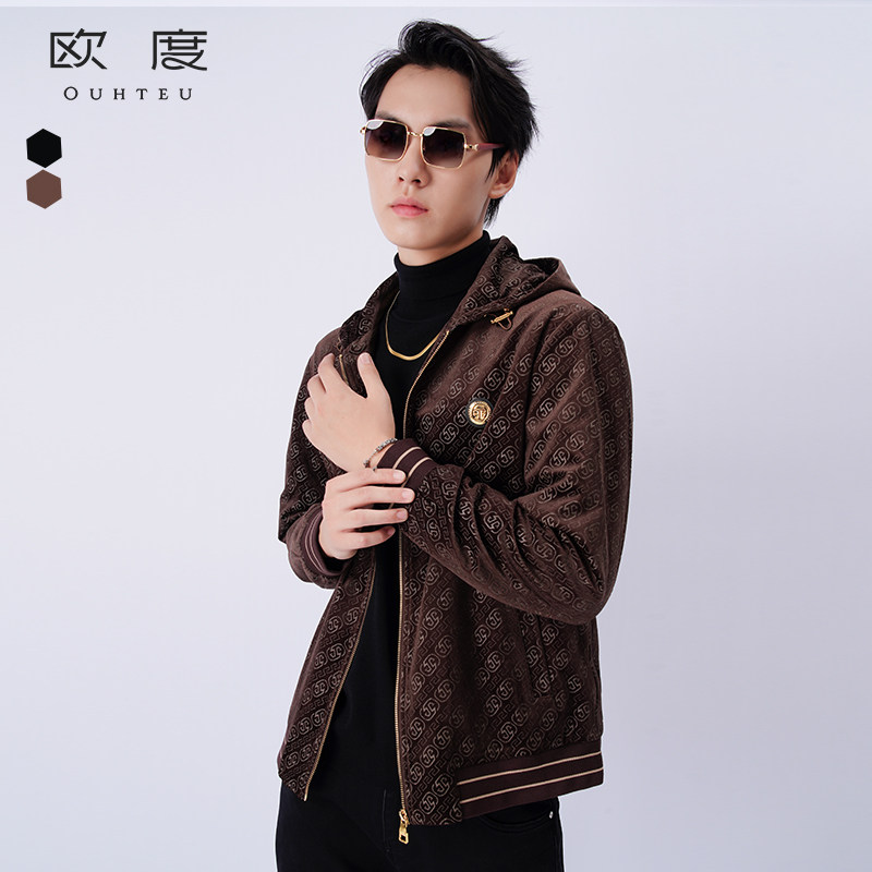 OUHTEU/欧度男士夹克外套棕色连帽潮流合体版型秋冬季