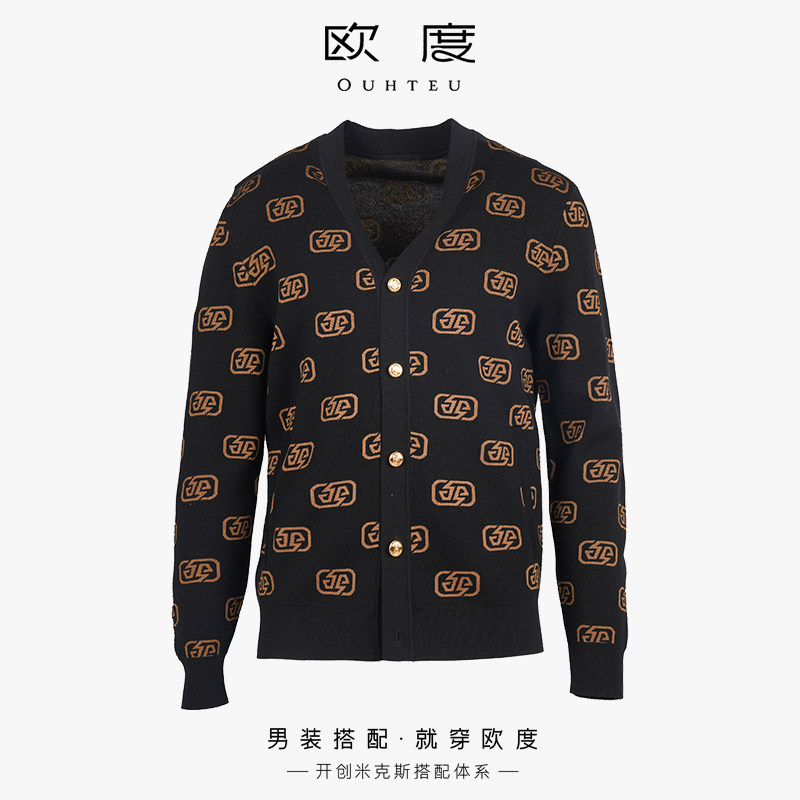 OUHTEU/欧度【绵羊毛】V领针织开衫黑色男潮流修身版秋冬季4620