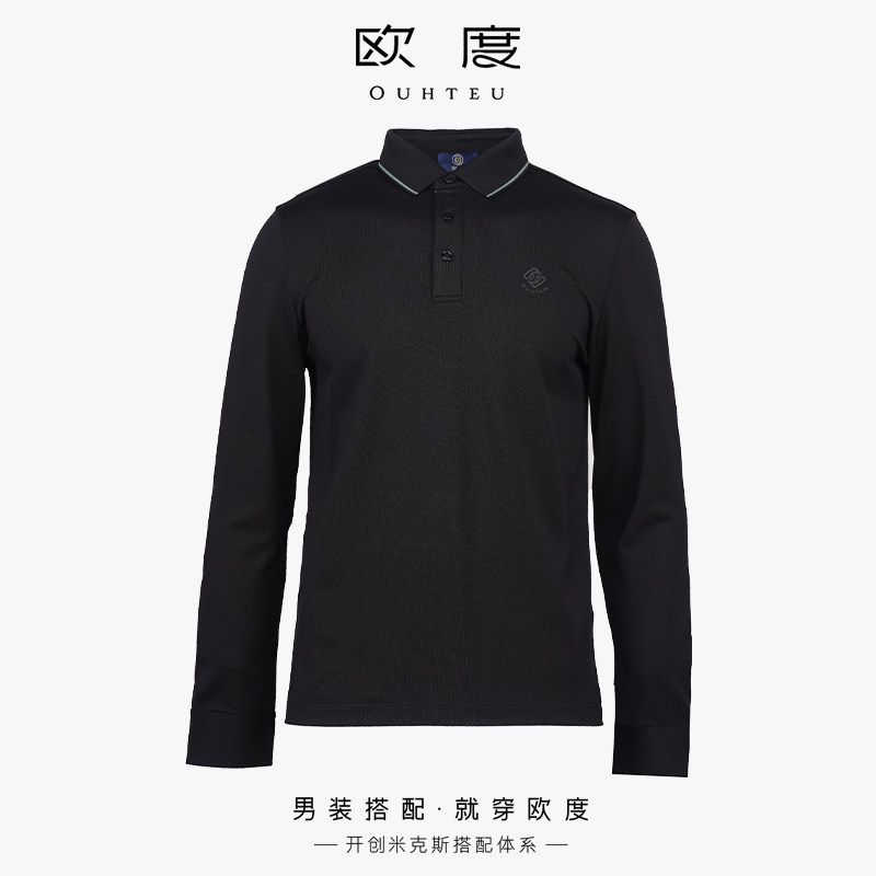 OUHTEU/欧度休闲长袖T恤翻领黑色男士合体版夏季7107