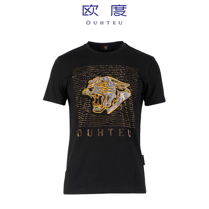 ouhteu/欧度男士短袖t恤圆领黑色潮流修身版夏季
