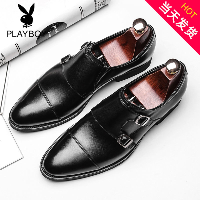 花花公子男鞋春季英伦商务正装孟克皮鞋男真皮尖头韩版三接头潮鞋