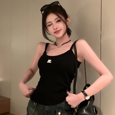 纯欲风字母刺绣针织吊带背心女大码胖MM夏季修身显瘦外穿内搭上衣