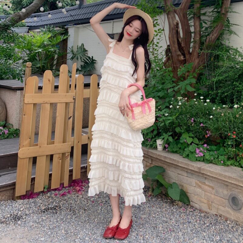 大码女装胖妹妹夏季新款拼接超仙的绑带吊带层层木耳边蛋糕连衣裙