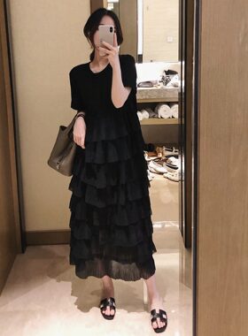 夏季新款韩版气质赫本风显瘦蛋糕小黑裙女胖MM大码圆领短袖连衣裙