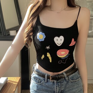 夏季 女装 带胸垫打底上衣 吊带小背心胖妹妹大码 纯欲风涂鸦印花短款