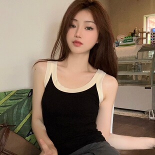 撞色拼接简约打底针织背心胖妹妹修身 夏季 韩版 女装 吊带上衣潮 大码