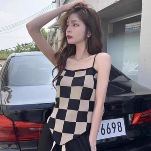 ins风网红同款 吊带上衣 超级撞色格子拼接打底针织背心胖妹妹大码