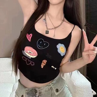修身 夏季 打底背心 女装 性感甜辣风可爱涂鸦印花吊带上衣胖妹妹大码