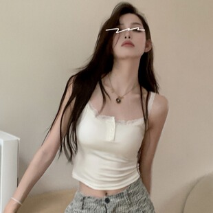辣妹显瘦打底上衣 胖妹妹夏季 纯欲蕾丝花边拼接吊带小背心大码 女装
