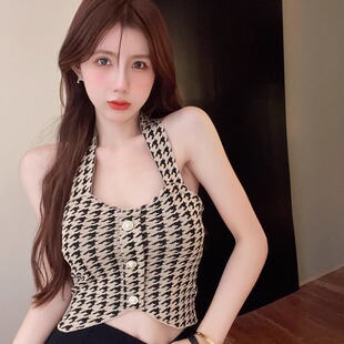 性感辣妹超火别致千鸟格拼接挂脖上衣夏季 胖妹妹显瘦针织背心 大码