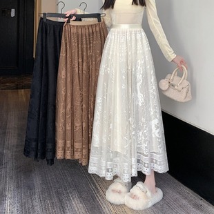 设计感提花刺绣仙女蕾丝半身裙女胖MM秋季高腰A字中长款气质裙子