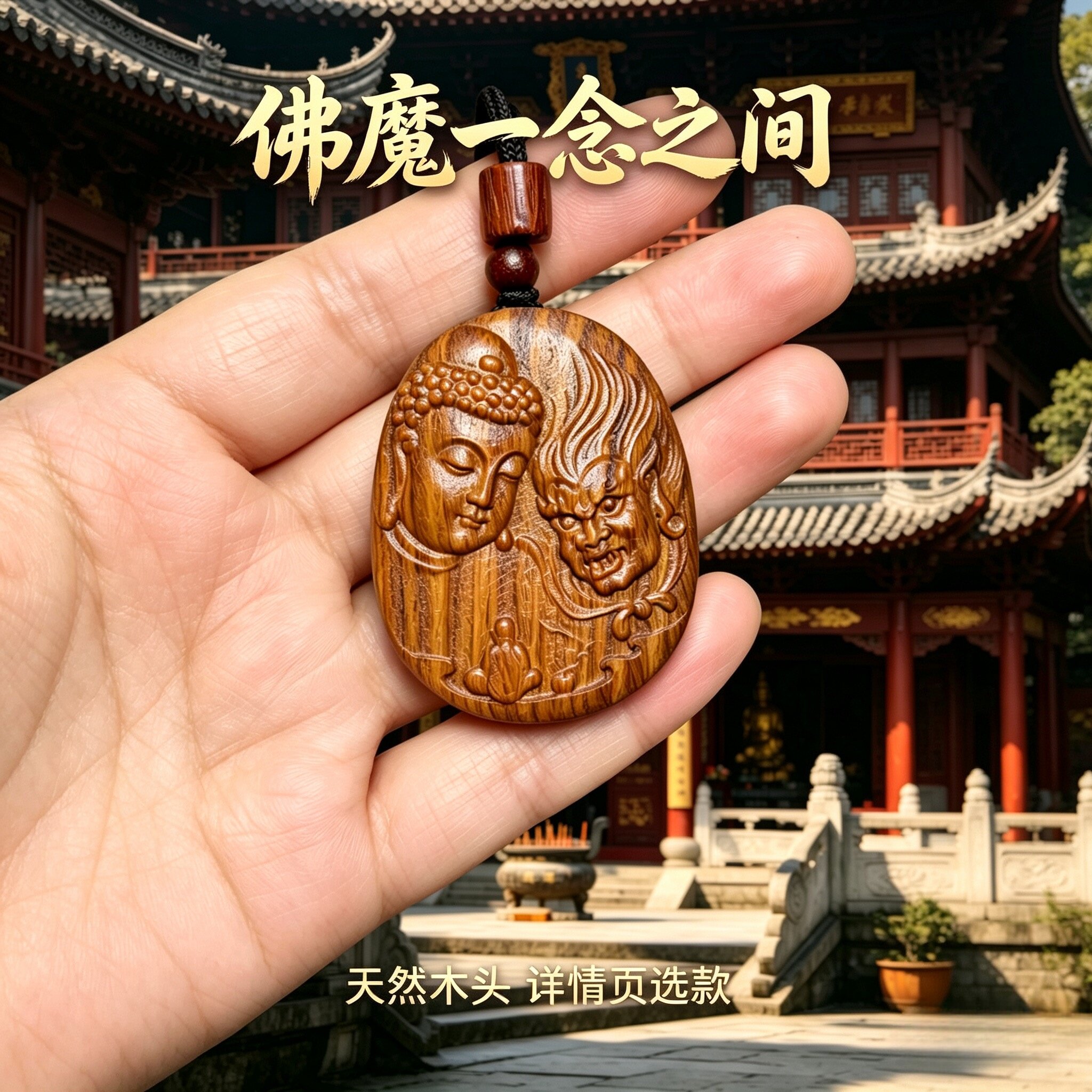 枣木佛魔一念之间46牌缺木挂件梯形护身木雕文玩护身符护身符求学