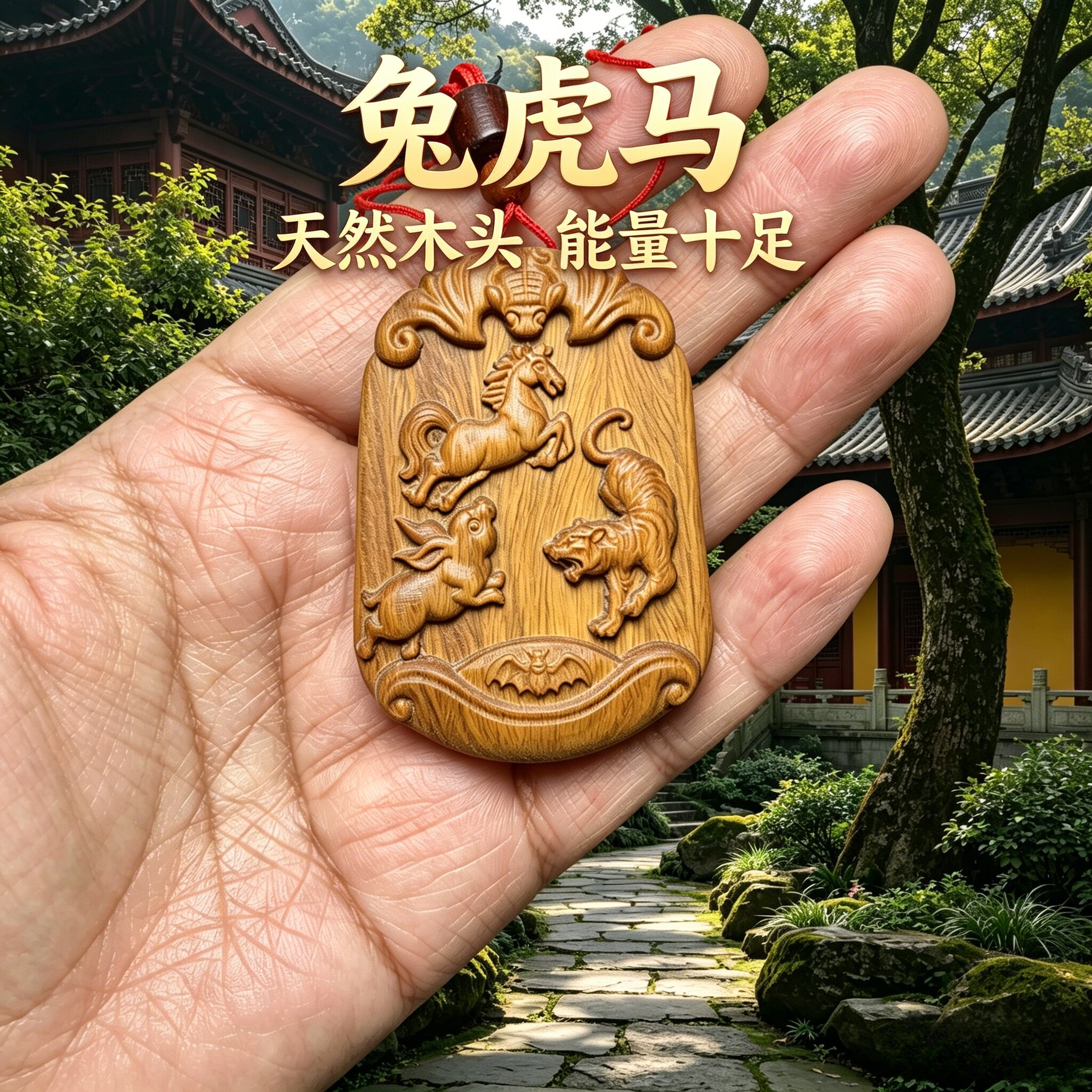 枣木兔虎马卯寅午三合46牌车挂缺木竖牌护身符文玩求学平安符木质