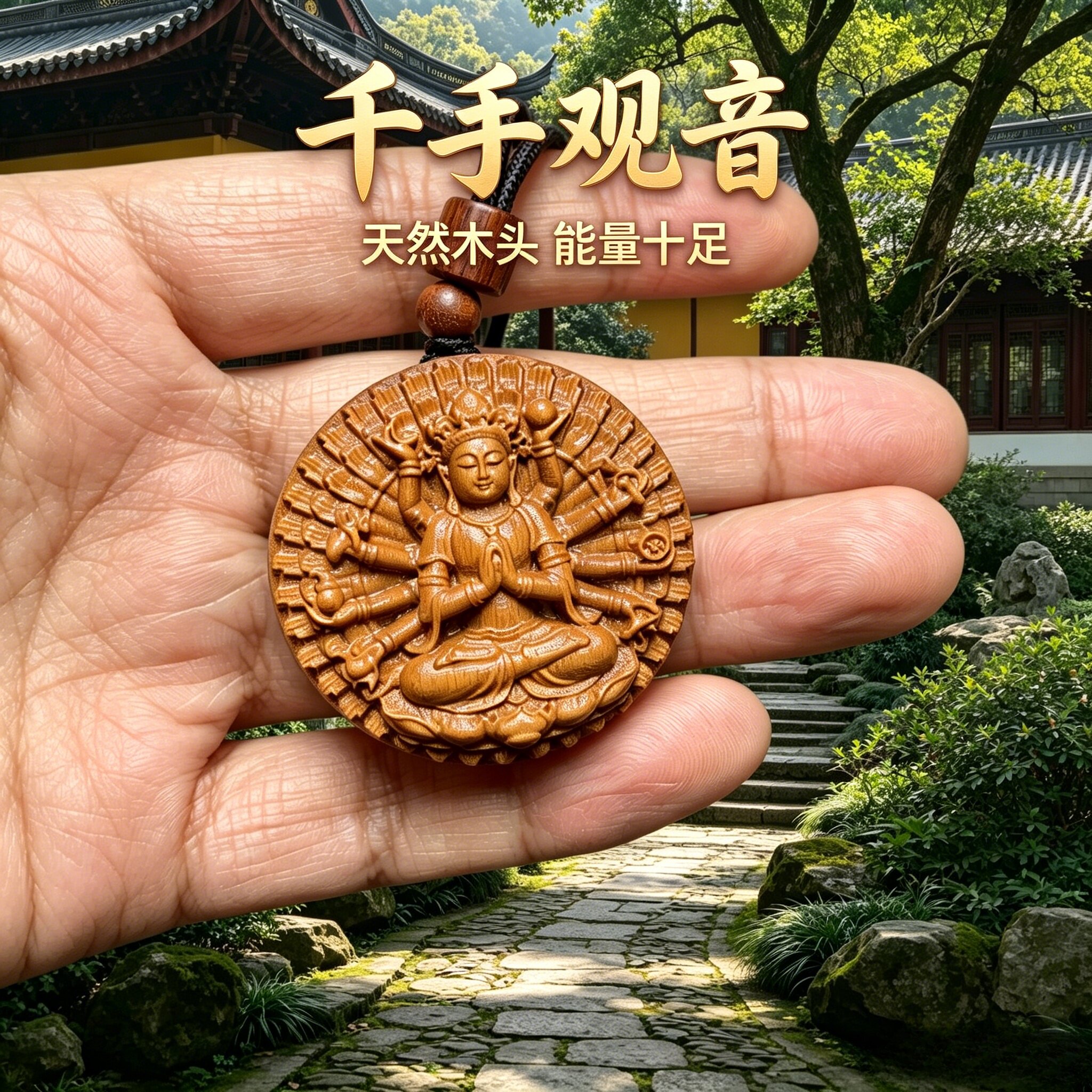 桃木千手观音菩萨46牌缺木车挂椭圆护身符求学保平安男女款本命牌