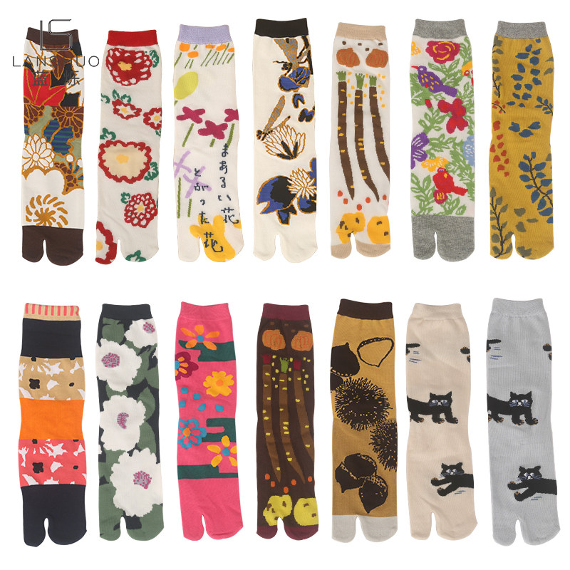 女士两指袜二趾袜日系木屐袜春秋中筒袜棉袜休闲植物花卉分趾袜女