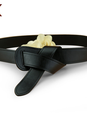 女士真皮打结腰带宽头层牛皮皮带黑色装饰配大衣羽绒服连衣裙腰封