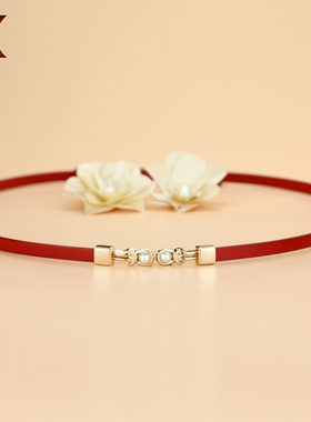 腰链女真皮头层纯牛皮本命马年红色腰带配裙装饰束腰封外穿小皮带