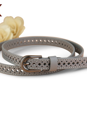 腰带女真皮头层牛皮白色灰色百搭时尚镂空小皮带细窄休闲牛仔裤带