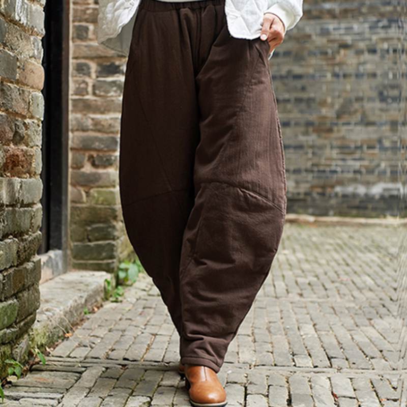 冬季原创文艺复古女装棉麻灯笼裤休闲裤萝卜裤夹棉保暖棉裤长裤女