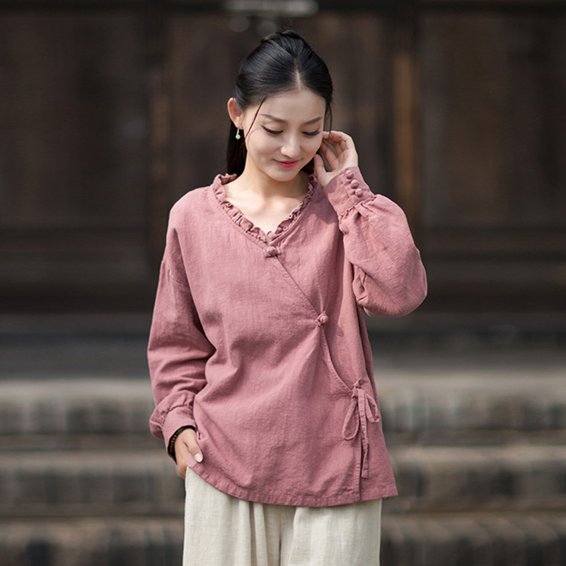 春秋季棉麻文艺开衫宽松休闲苎麻短款长袖打底T恤瑜伽衬衫上衣女