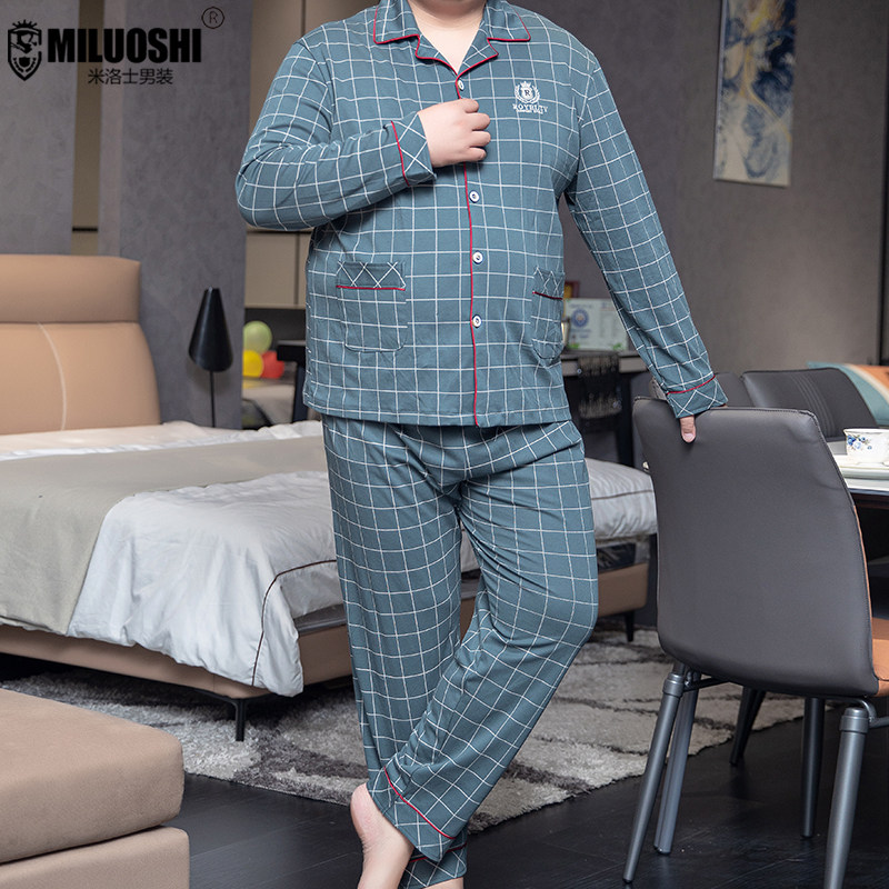 순수 코튼 남성 잠옷 정장 플러스 사이즈 플러스 사이즈 느슨한 뚱뚱한 남자 봄 가을 홈웨어 긴팔 바지 투피스 세트 겨울