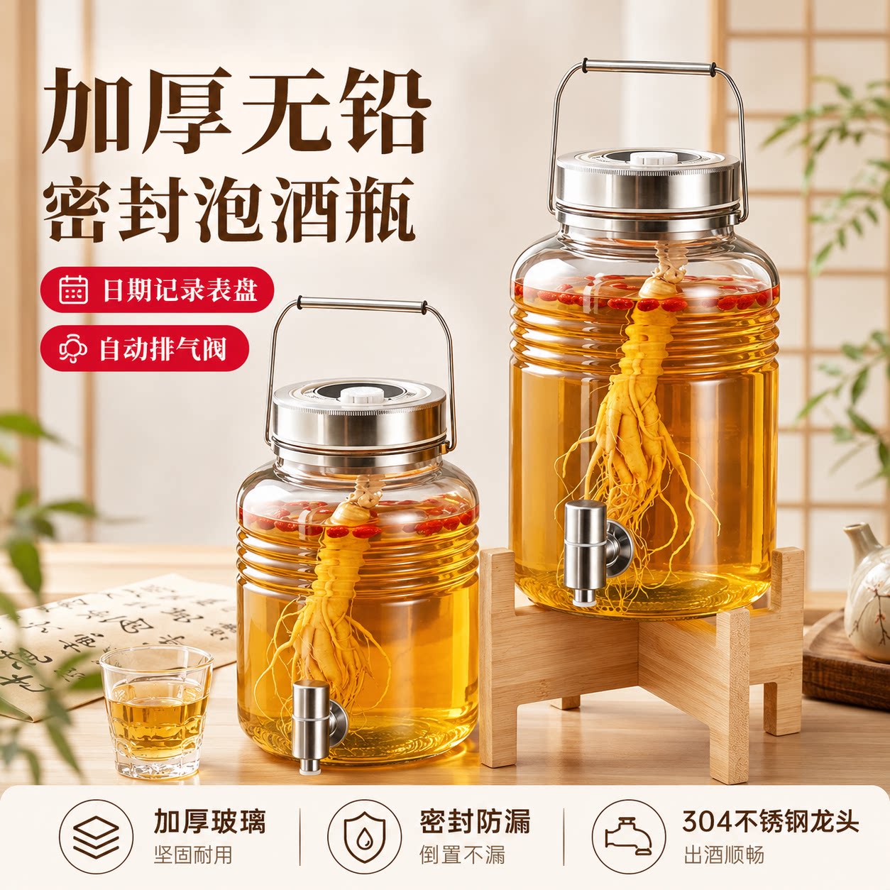 特厚玻璃泡酒罐家用带龙头密封罐大号存酒坛子人参透明玻璃罐酒桶 - 实物图