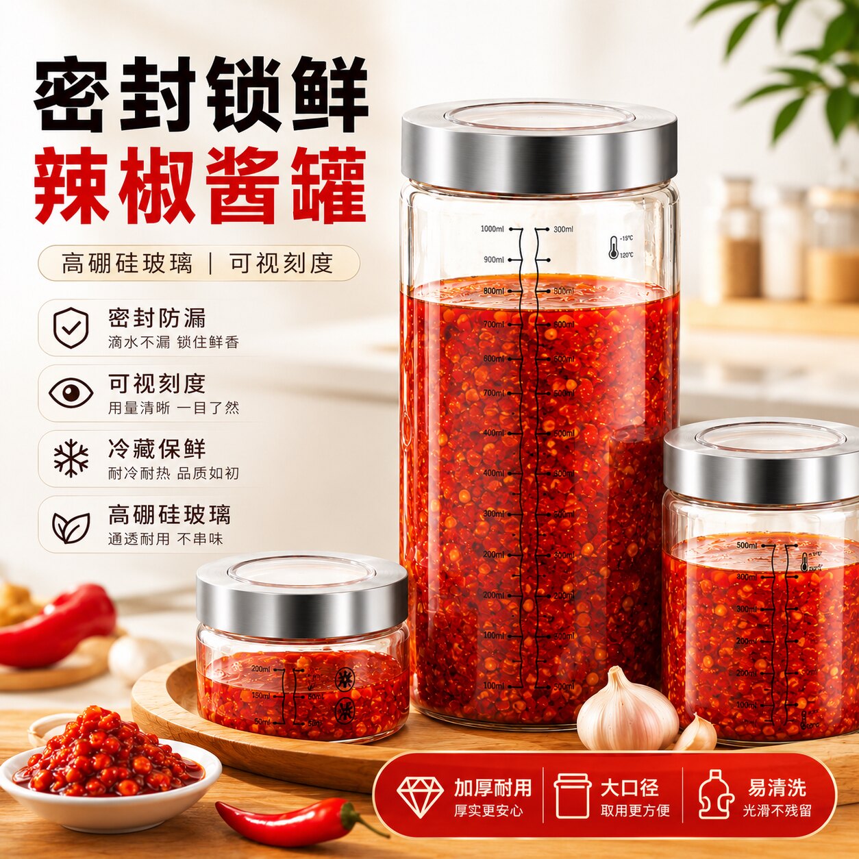 辣椒酱专用罐装蒜蓉酱的罐子密封油罐高硼硅玻璃空瓶子剁椒分装瓶 - 实物图