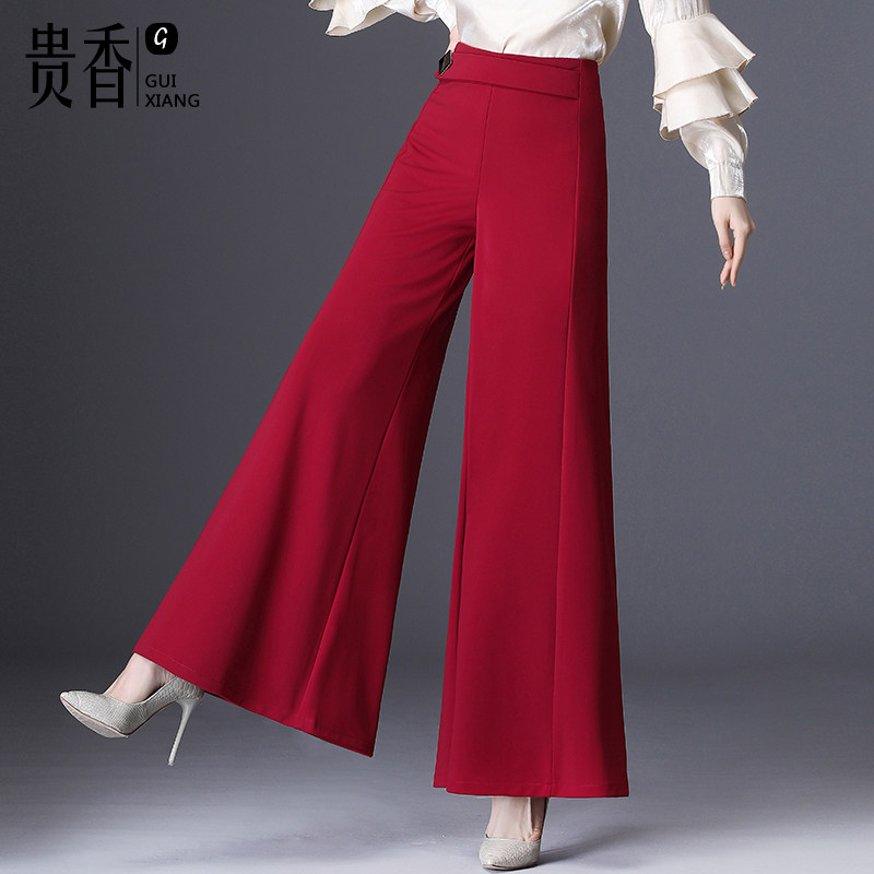2020年新款秋冬阔腿裤女高腰垂感显瘦时尚红色宽松裙裤大脚喇叭裤