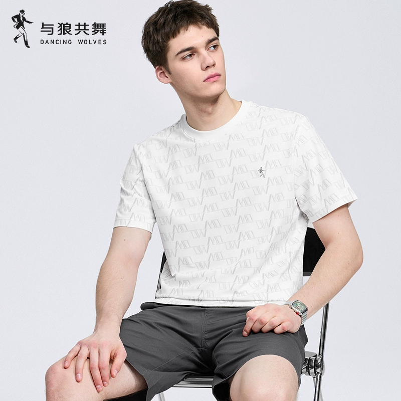【满印老花】与狼共舞7A抗菌短袖T恤男2025夏季新款桑蚕丝圆领白T