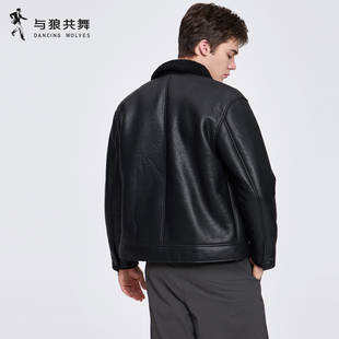 与狼共舞摇粒绒翻毛领仿皮夹克男士2025秋冬新款休闲保暖工装外套