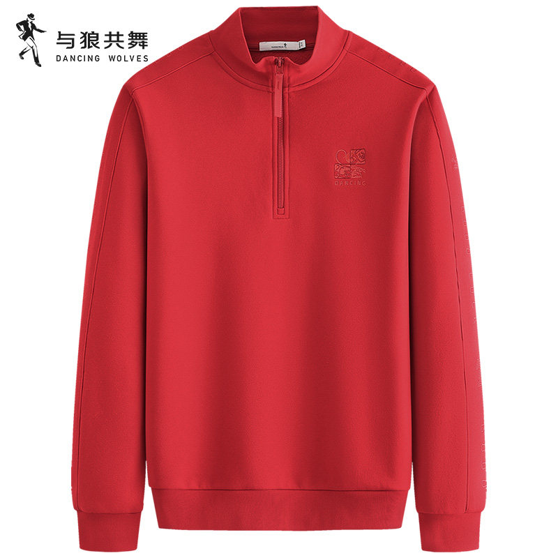 【加绒】与狼共舞半拉链立领卫衣男2025秋冬新款红色保暖套头上衣