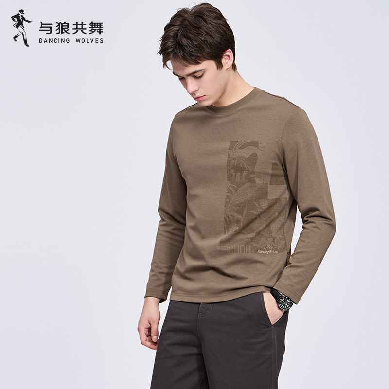 【刺绣】与狼共舞圆领长袖T恤男2025秋季新款潮流休闲内搭打底衫,男装,T恤,淘宝优惠券,粉丝福利购,淘宝优惠卷