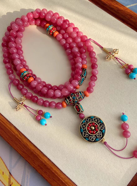 红纹玉髓石女项链中式背背链百搭抖音同款国风多色长款气质斜挎链