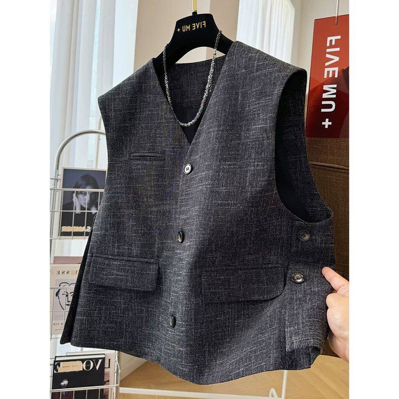 2025春夏深灰色马夹女装新款系扣V领开叉宽松时尚气质马甲,女装/女士精品,马夹,淘宝优惠券,粉丝福利购,淘宝优惠卷