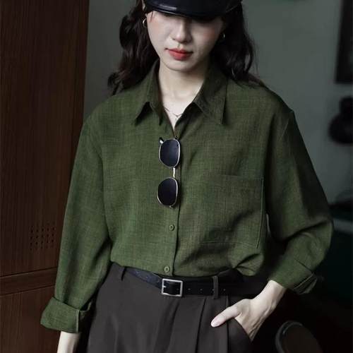 绿色设计感港味纯色长袖衬衫