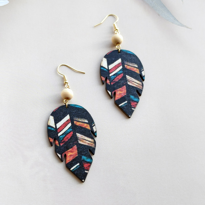 跨境新款木质印刷双面款树叶木质耳饰耳环波西米亚风女