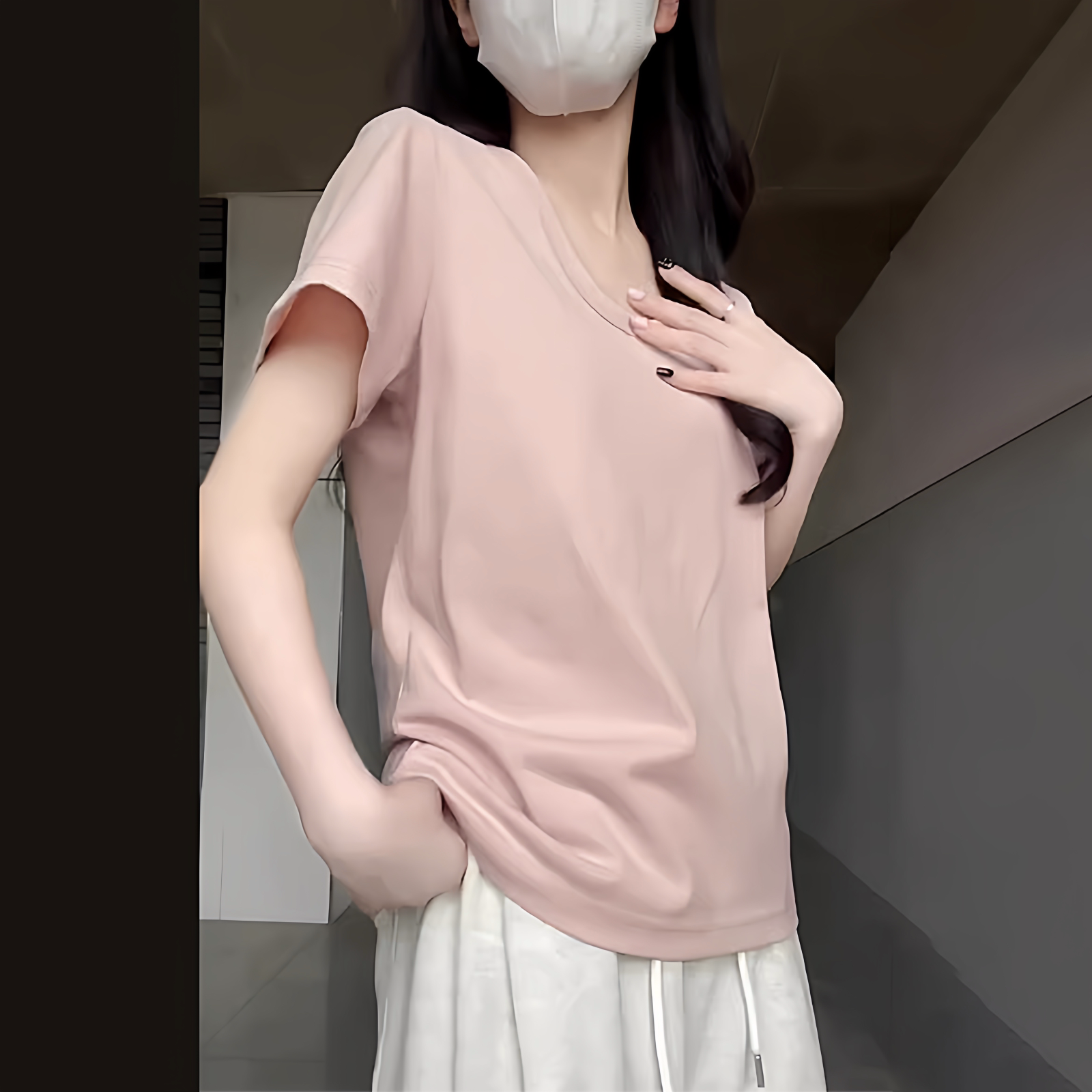 粉色纯棉正肩短袖T恤女2025新款夏季简约宽松休闲百搭u领体恤上衣