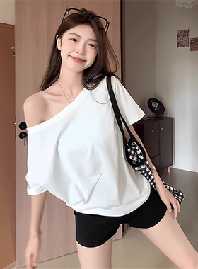 白色斜露肩短袖t恤女2025夏季新款宽松显瘦性感纯欲一字肩上衣ins