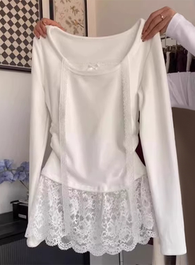 白色假两件挂脖长袖T恤女秋冬设计感内搭叠穿蕾丝屁帘打底衫上衣