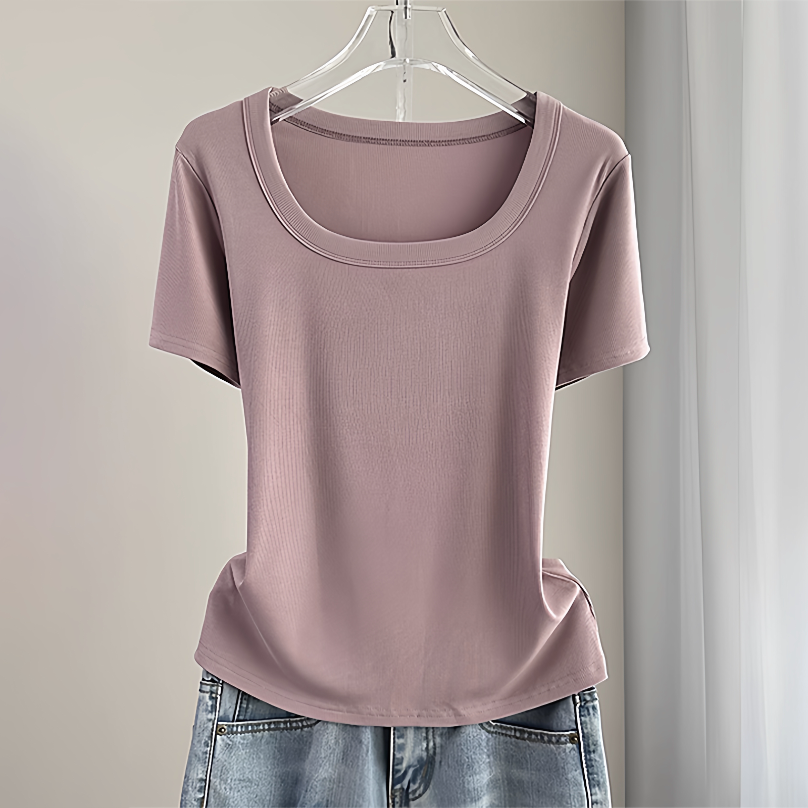 纯棉方领短袖T恤女2025新款夏季修身显瘦大码微胖基础款正肩上衣