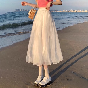白色网纱半身裙女夏季新款高腰垂感a字裙松紧腰纱裙中长款百褶裙